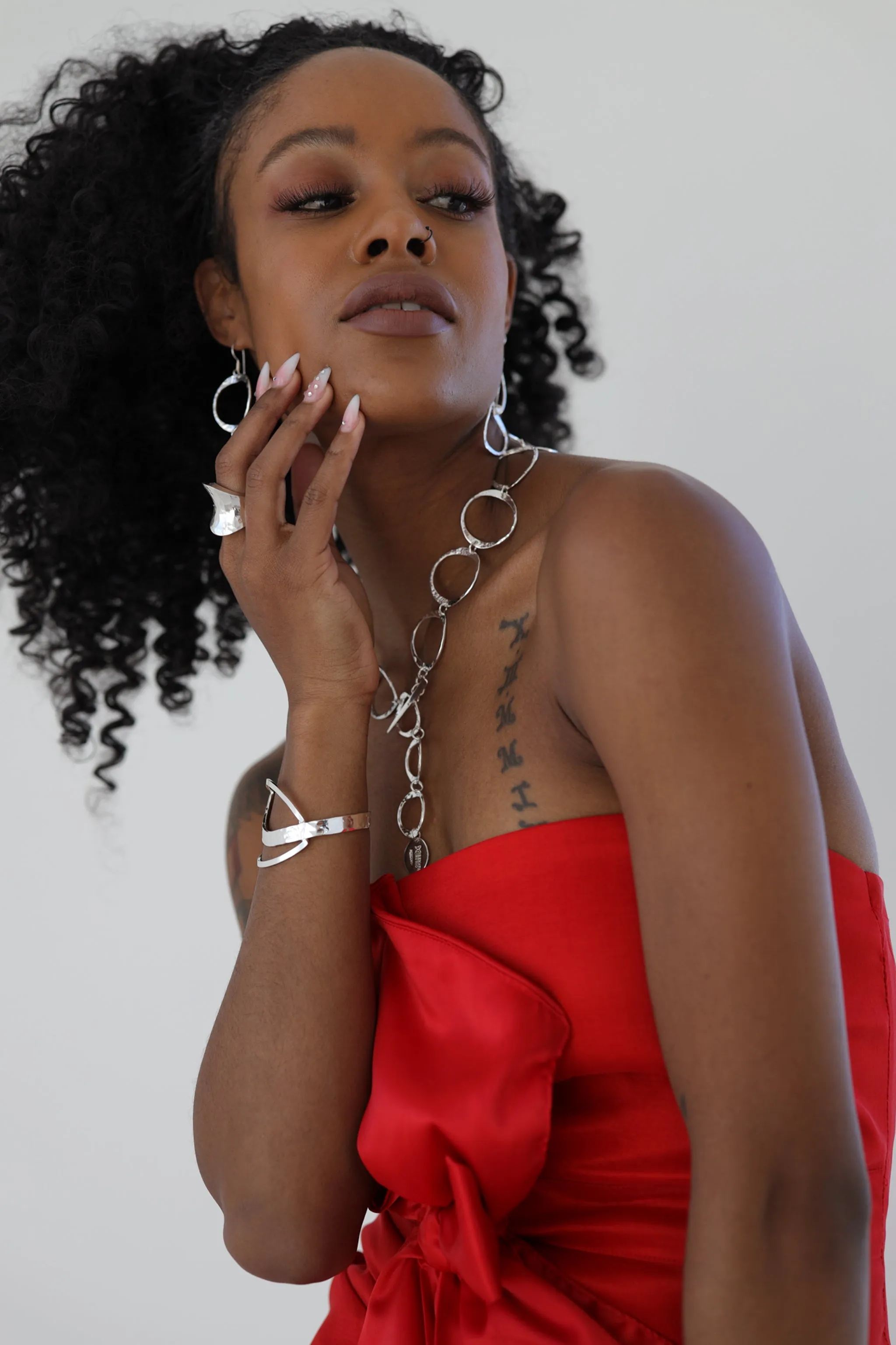 Pounded Sterling Silver Loop Set of Bracelet, Earrings and 30" Necklace