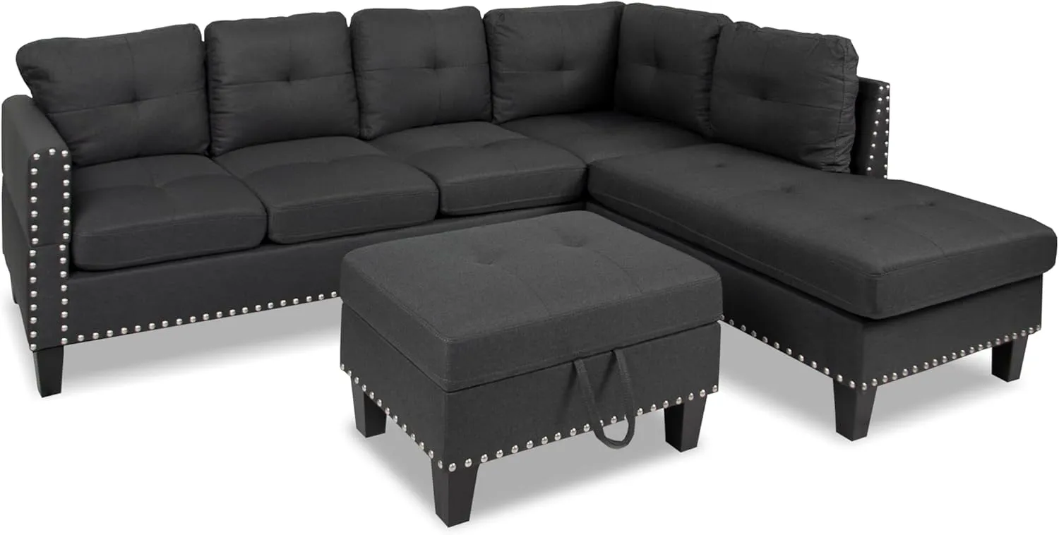 Poundex 3pc Sofa Set Linen-Like Fabric Charcoal Sectional