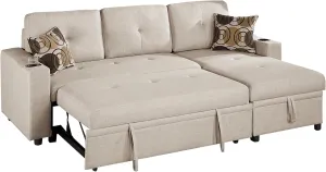 Poundex Beige Dorris Fabric Reversible Chaise Sectional with Built-in Cupholders and Storage