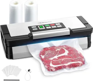 Precision Vacuum Sealer Machine, 90Kpa Commercial Full Automatic Food Sealer, 2X Seal&130W Powerful Food Preservation System with Handle,Built-in Cutter&Bags Storage&Hose,2 Bags Rolls,Stainless Steel