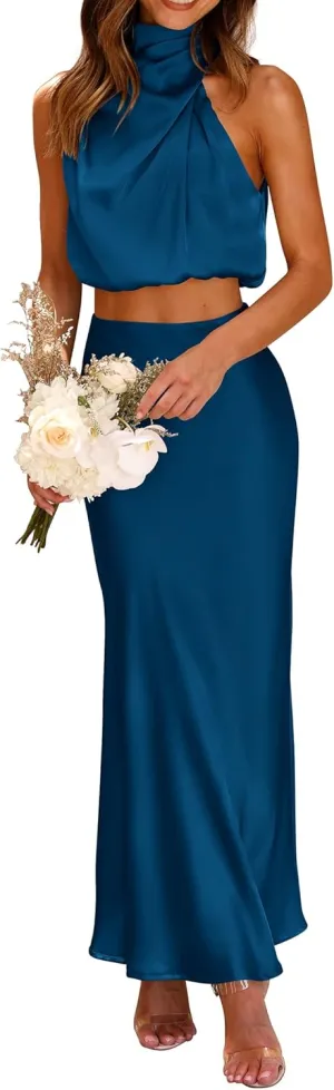 PRETTYGARDEN Women's 2 Piece Satin Outfits Summer Sleeveless Mock Neck Crop Tops and Long Skirt Dress Sets