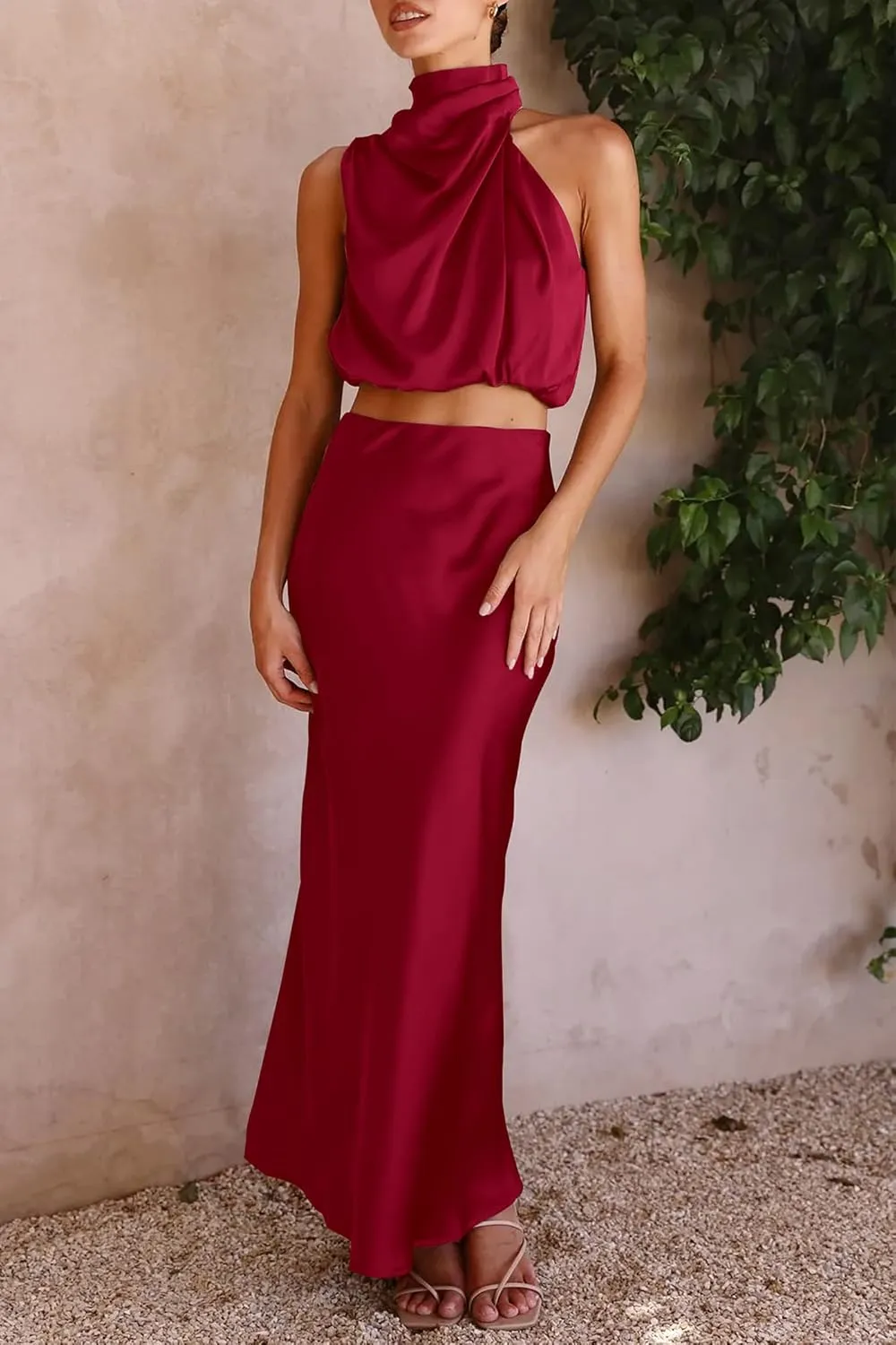 PRETTYGARDEN Women's 2 Piece Satin Outfits Summer Sleeveless Mock Neck Crop Tops and Long Skirt Dress Sets