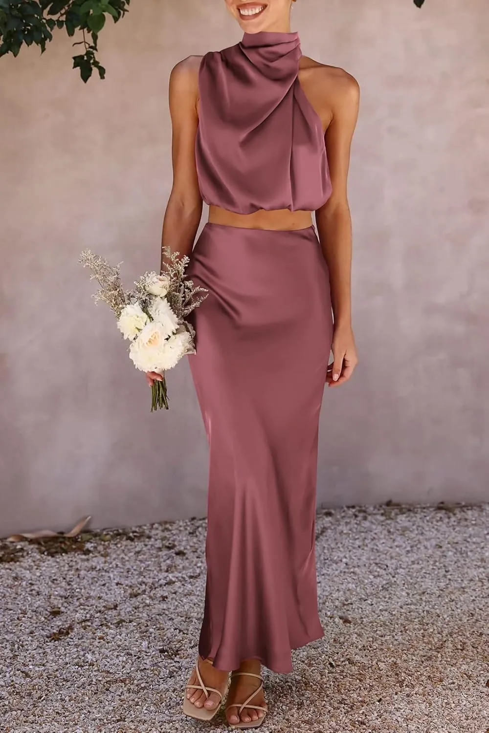 PRETTYGARDEN Women's 2 Piece Satin Outfits Summer Sleeveless Mock Neck Crop Tops and Long Skirt Dress Sets