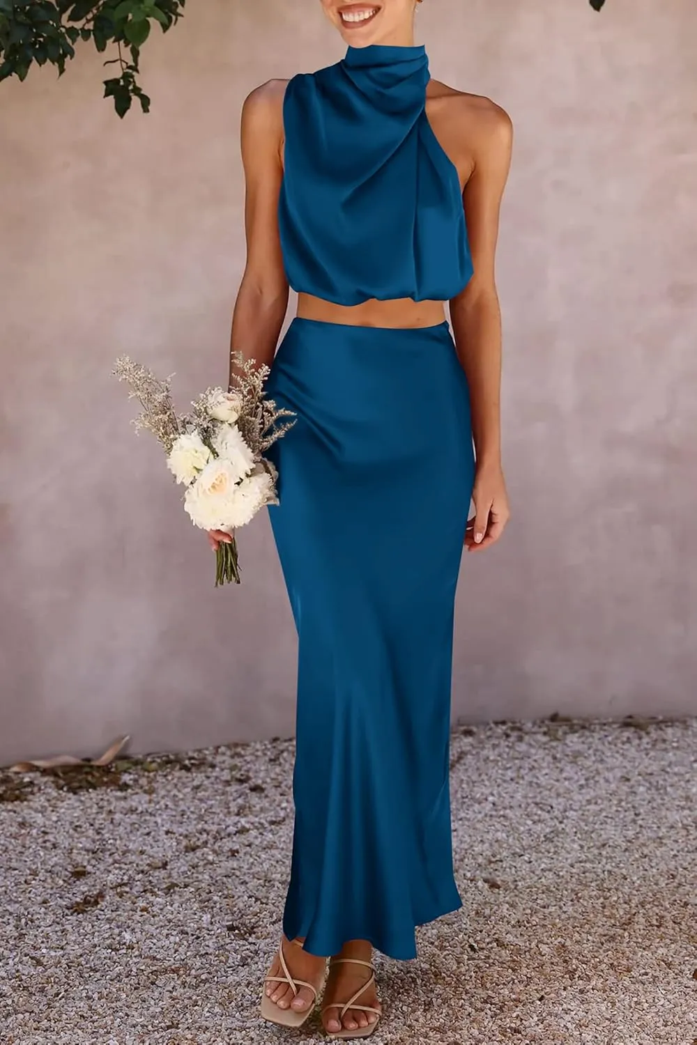 PRETTYGARDEN Women's 2 Piece Satin Outfits Summer Sleeveless Mock Neck Crop Tops and Long Skirt Dress Sets