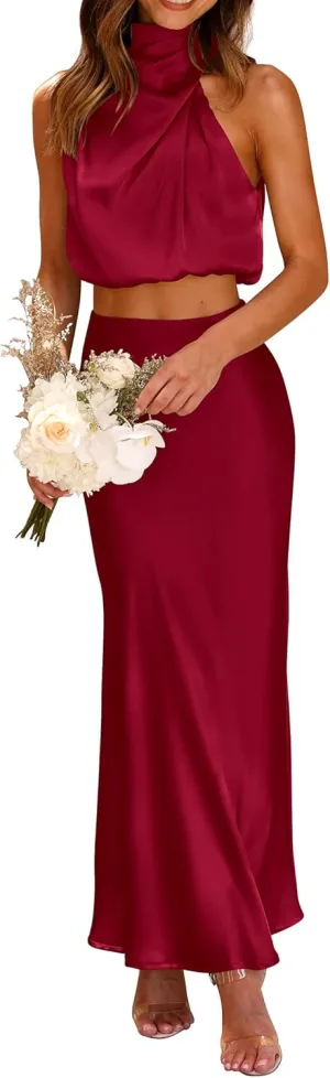 PRETTYGARDEN Women's 2 Piece Satin Outfits Summer Sleeveless Mock Neck Crop Tops and Long Skirt Dress Sets