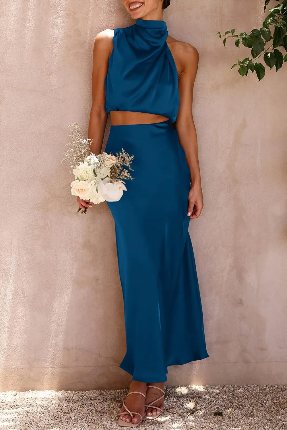 PRETTYGARDEN Women's 2 Piece Satin Outfits Summer Sleeveless Mock Neck Crop Tops and Long Skirt Dress Sets