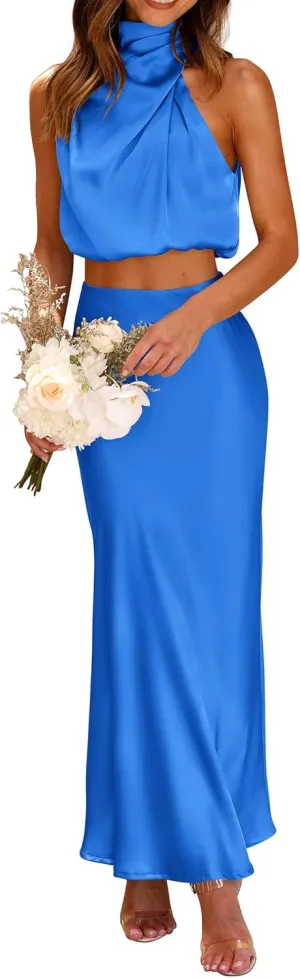 PRETTYGARDEN Women's 2 Piece Satin Outfits Summer Sleeveless Mock Neck Crop Tops and Long Skirt Dress Sets