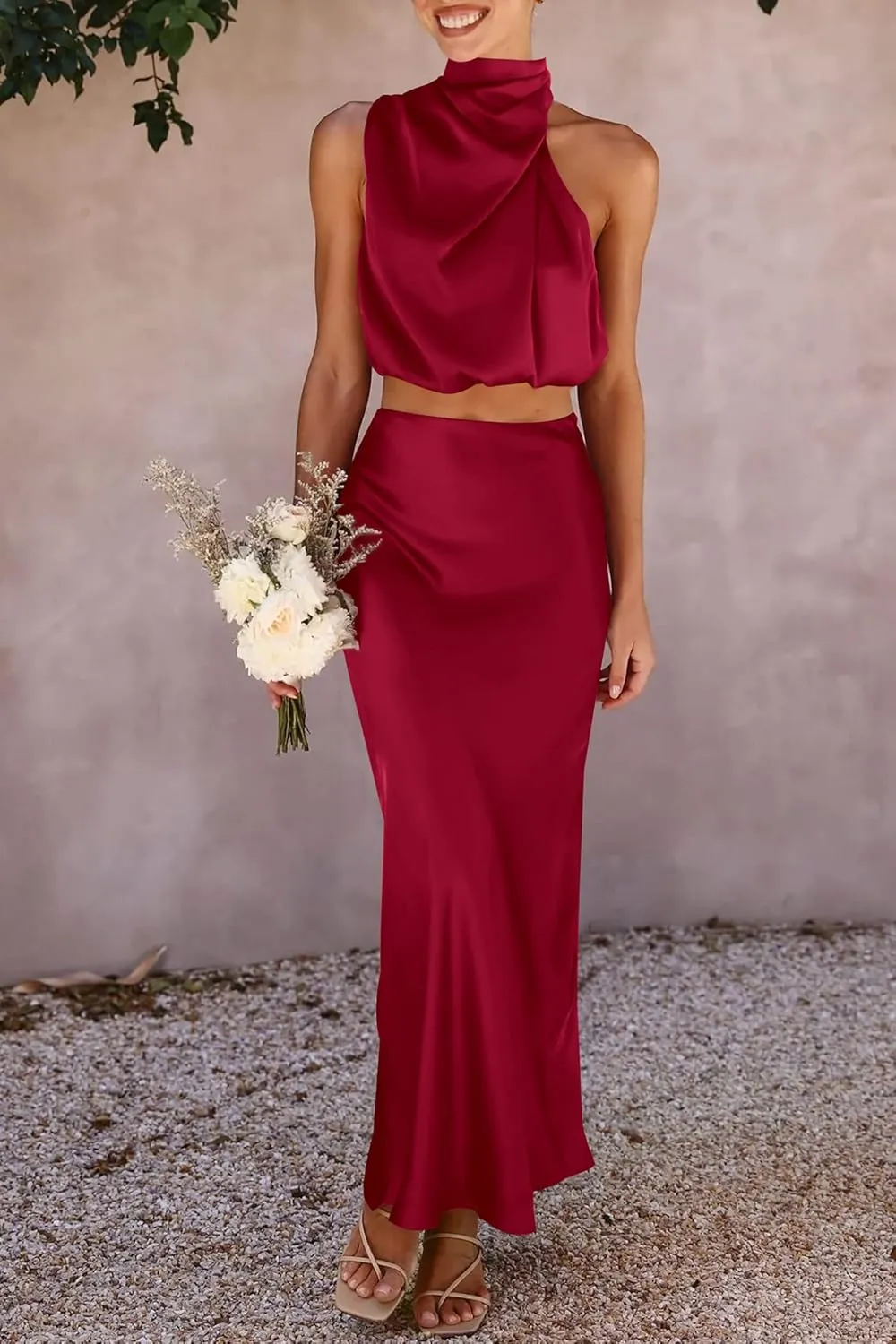 PRETTYGARDEN Women's 2 Piece Satin Outfits Summer Sleeveless Mock Neck Crop Tops and Long Skirt Dress Sets
