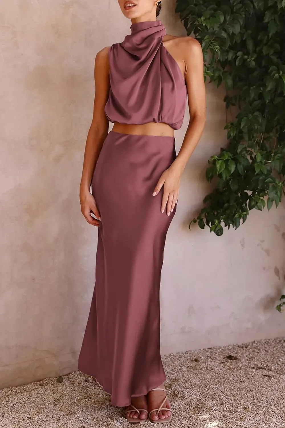 PRETTYGARDEN Women's 2 Piece Satin Outfits Summer Sleeveless Mock Neck Crop Tops and Long Skirt Dress Sets