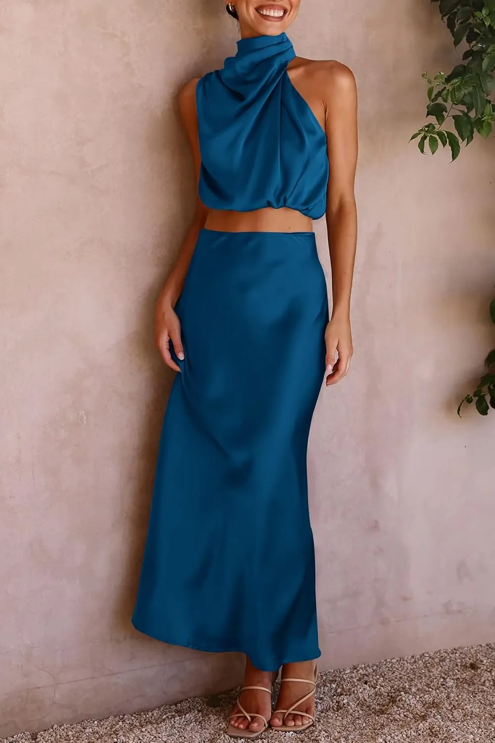 PRETTYGARDEN Women's 2 Piece Satin Outfits Summer Sleeveless Mock Neck Crop Tops and Long Skirt Dress Sets