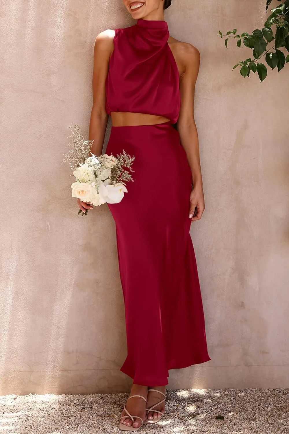 PRETTYGARDEN Women's 2 Piece Satin Outfits Summer Sleeveless Mock Neck Crop Tops and Long Skirt Dress Sets