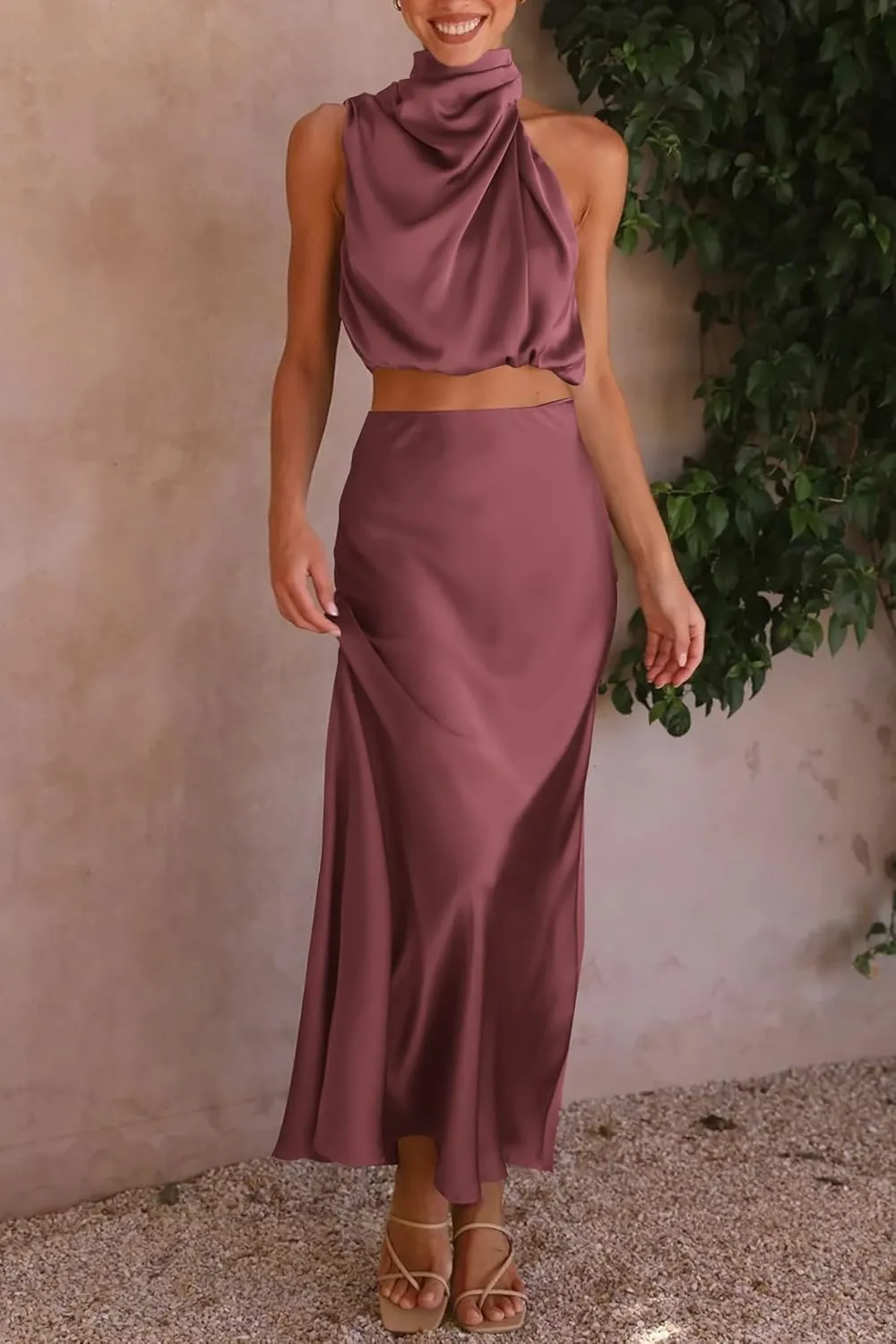 PRETTYGARDEN Women's 2 Piece Satin Outfits Summer Sleeveless Mock Neck Crop Tops and Long Skirt Dress Sets