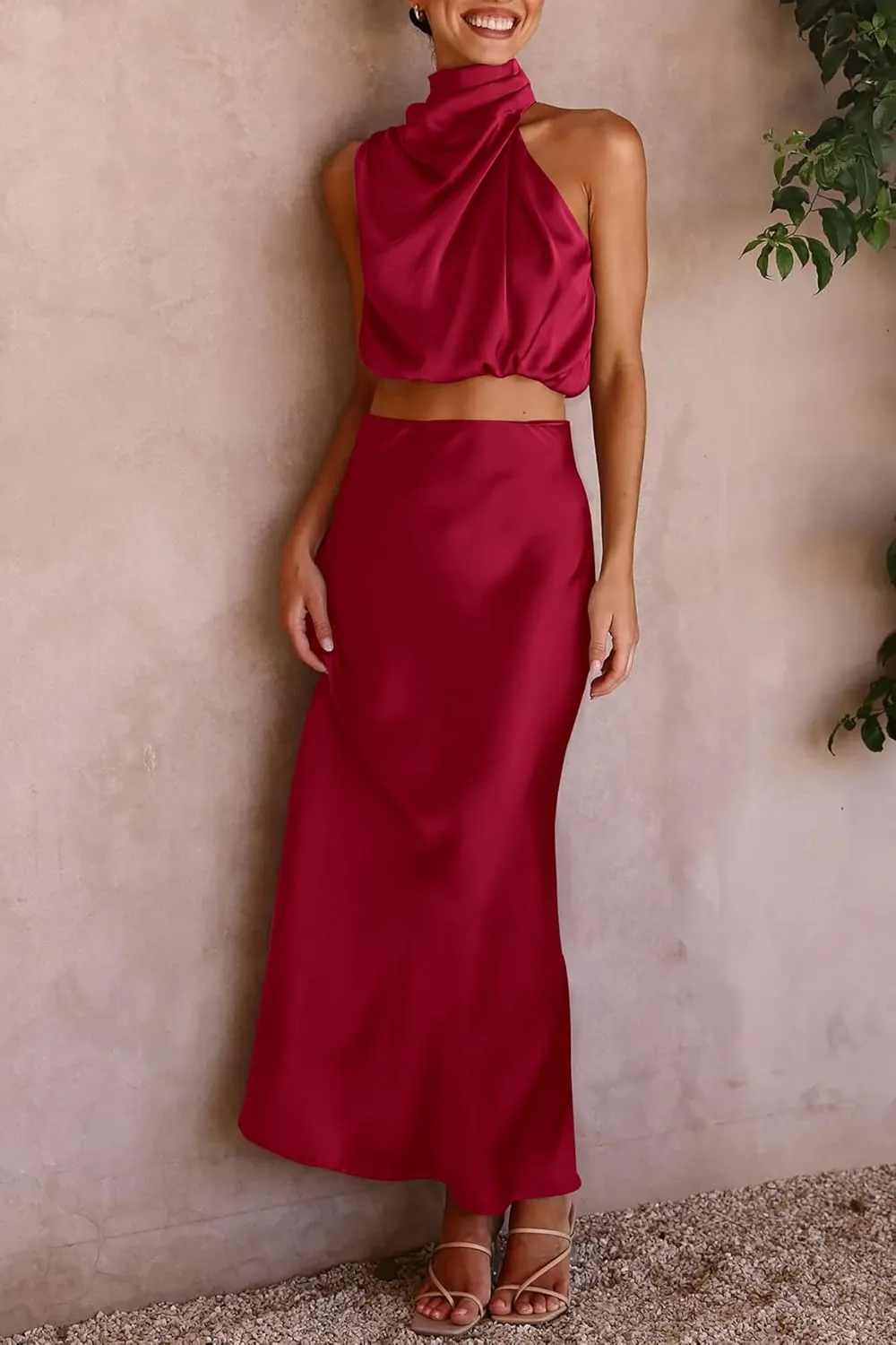 PRETTYGARDEN Women's 2 Piece Satin Outfits Summer Sleeveless Mock Neck Crop Tops and Long Skirt Dress Sets