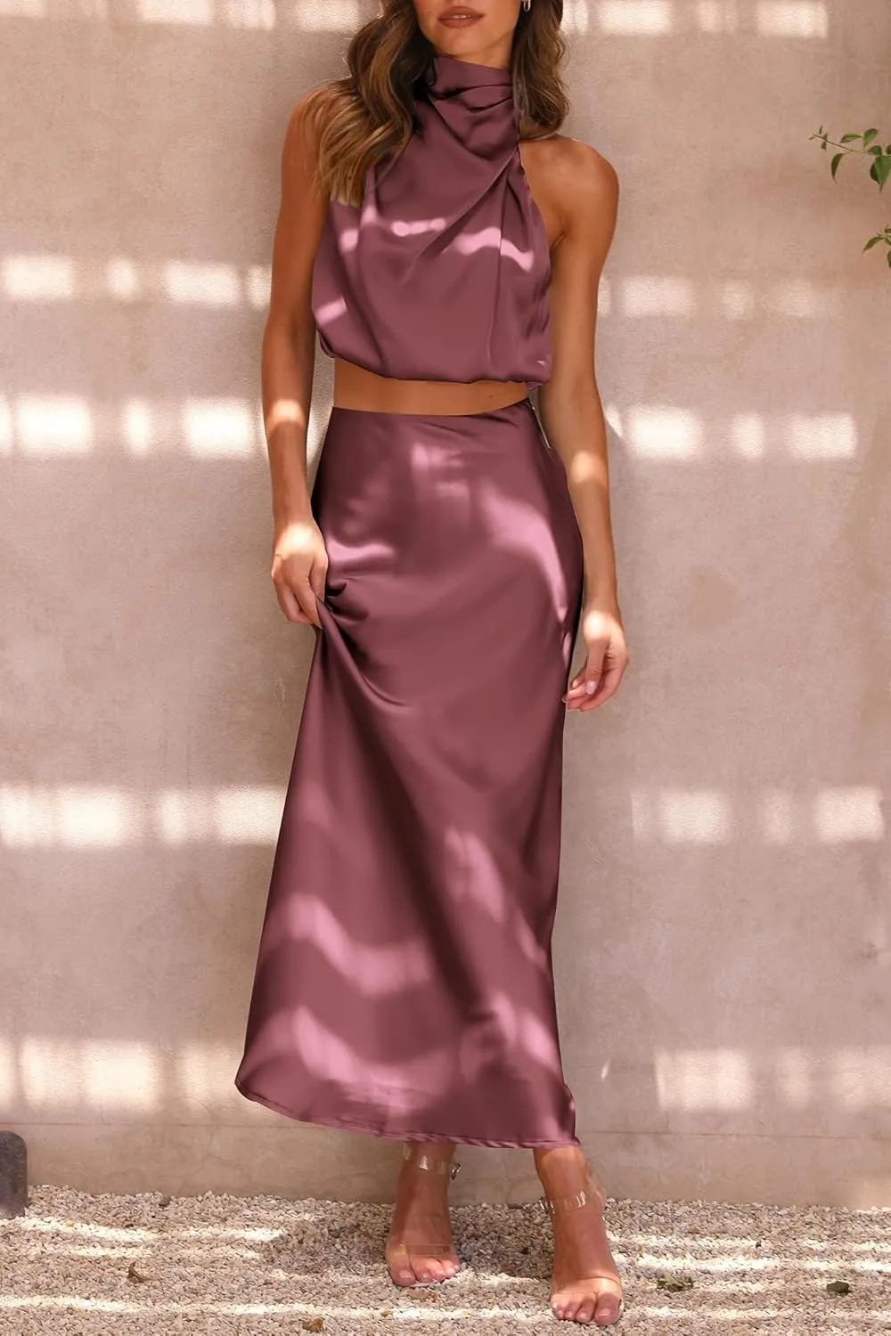 PRETTYGARDEN Women's 2 Piece Satin Outfits Summer Sleeveless Mock Neck Crop Tops and Long Skirt Dress Sets