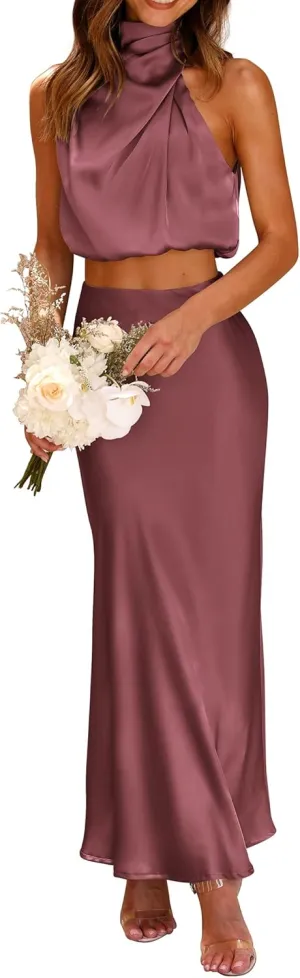PRETTYGARDEN Women's 2 Piece Satin Outfits Summer Sleeveless Mock Neck Crop Tops and Long Skirt Dress Sets