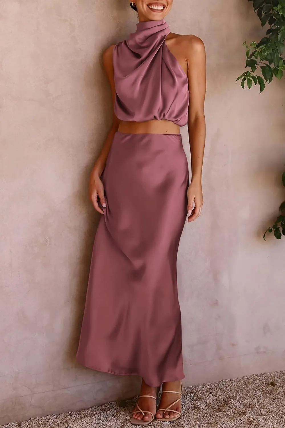 PRETTYGARDEN Women's 2 Piece Satin Outfits Summer Sleeveless Mock Neck Crop Tops and Long Skirt Dress Sets