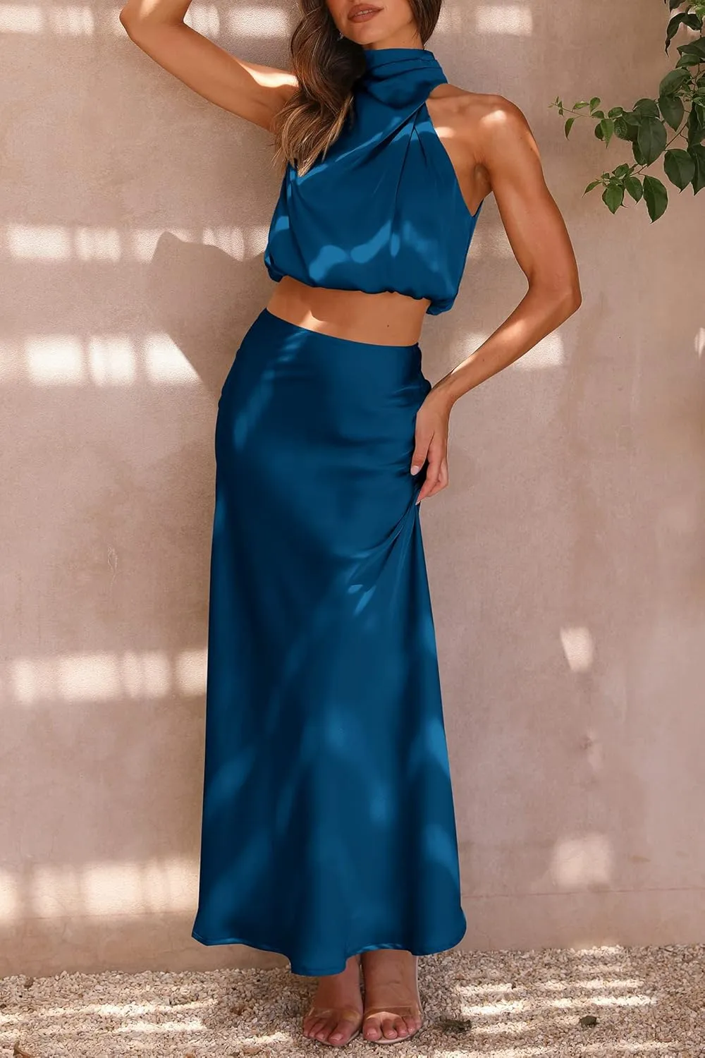 PRETTYGARDEN Women's 2 Piece Satin Outfits Summer Sleeveless Mock Neck Crop Tops and Long Skirt Dress Sets