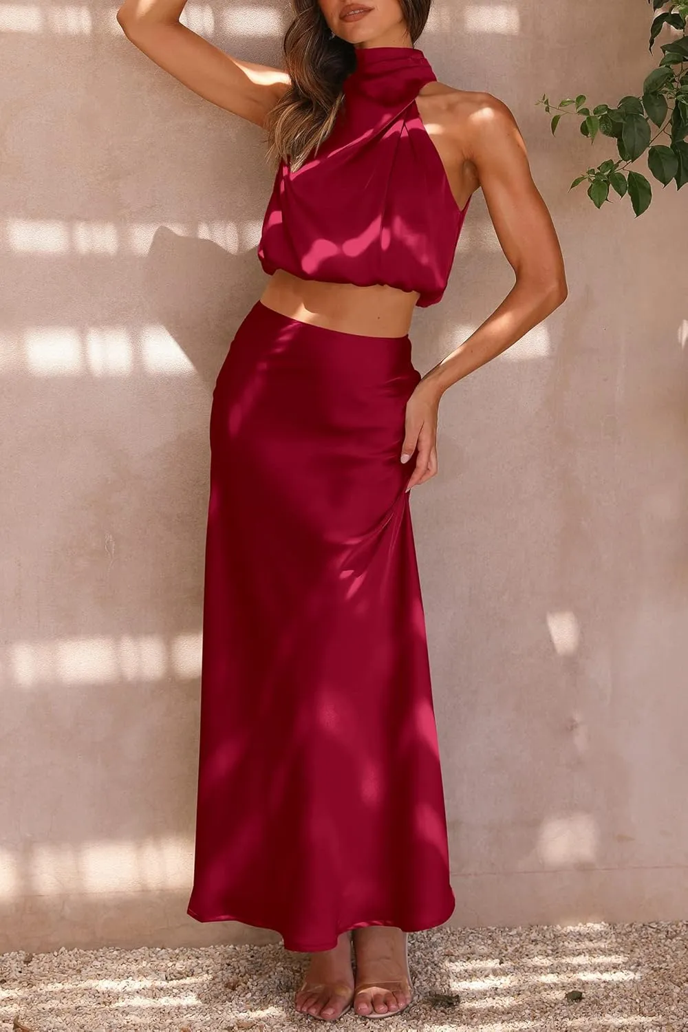 PRETTYGARDEN Women's 2 Piece Satin Outfits Summer Sleeveless Mock Neck Crop Tops and Long Skirt Dress Sets