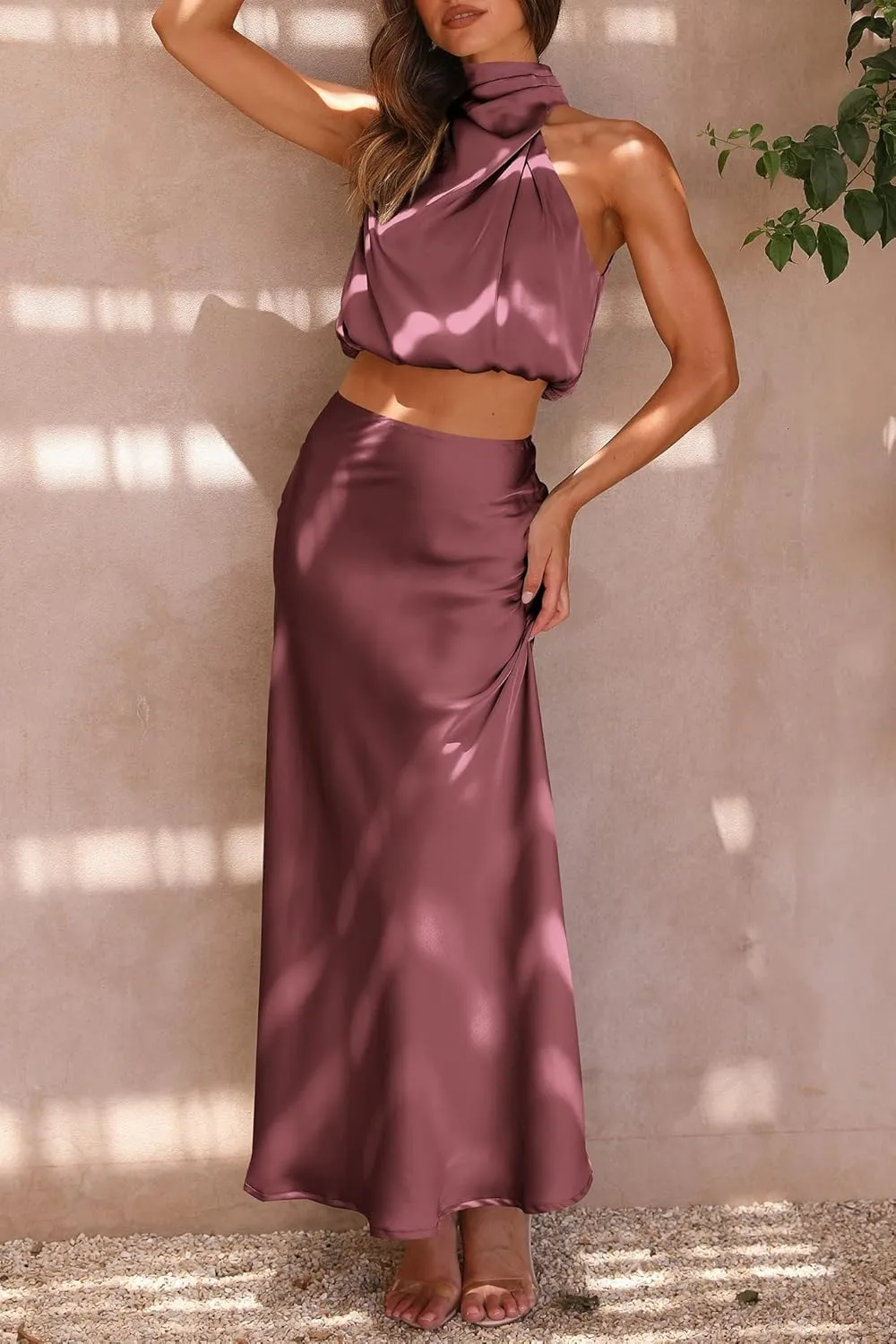 PRETTYGARDEN Women's 2 Piece Satin Outfits Summer Sleeveless Mock Neck Crop Tops and Long Skirt Dress Sets