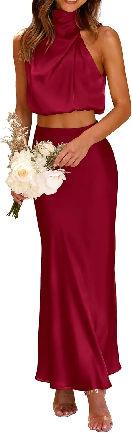 PRETTYGARDEN Women's 2 Piece Satin Outfits Summer Sleeveless Mock Neck Crop Tops and Long Skirt Dress Sets