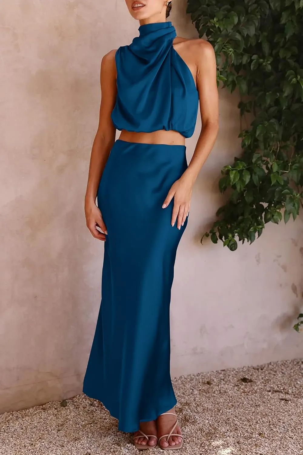 PRETTYGARDEN Women's 2 Piece Satin Outfits Summer Sleeveless Mock Neck Crop Tops and Long Skirt Dress Sets