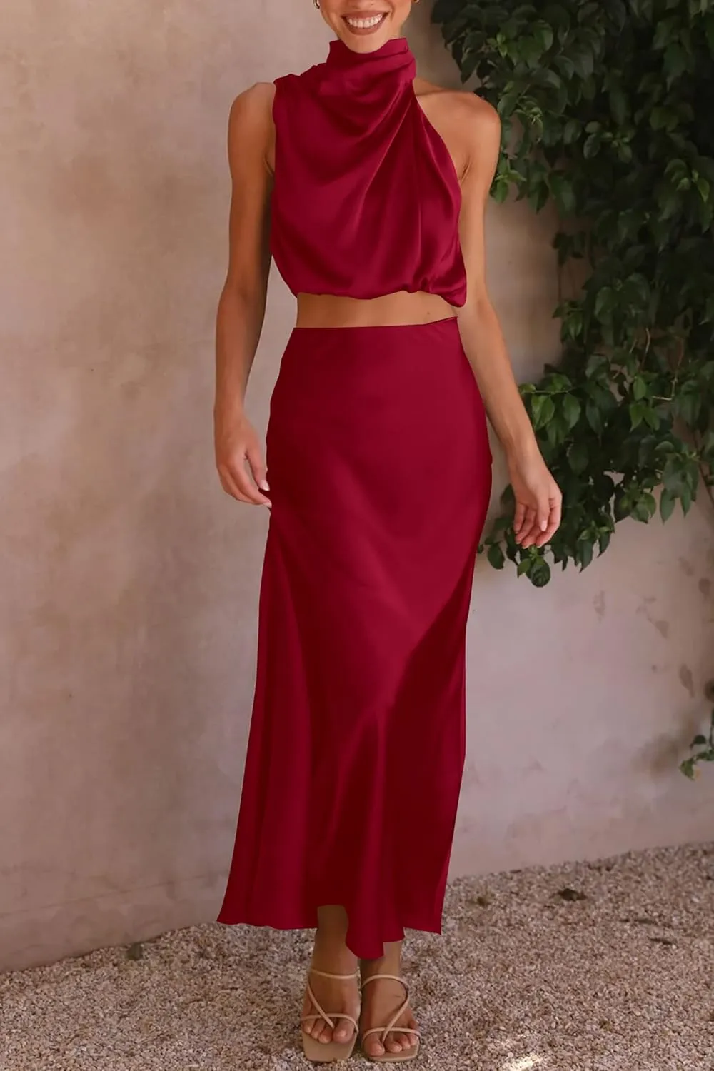 PRETTYGARDEN Women's 2 Piece Satin Outfits Summer Sleeveless Mock Neck Crop Tops and Long Skirt Dress Sets