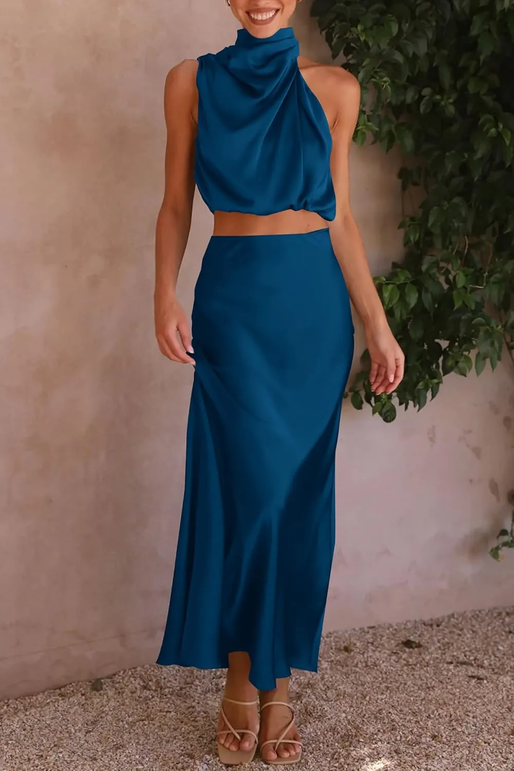 PRETTYGARDEN Women's 2 Piece Satin Outfits Summer Sleeveless Mock Neck Crop Tops and Long Skirt Dress Sets