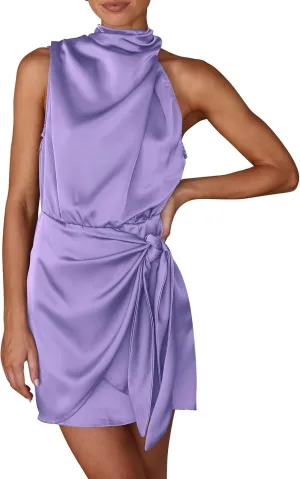 PRETTYGARDEN Women's Short Formal Satin Dress Summer Sleeveless Mock Neck Tie Waist Cocktail Party Dresses