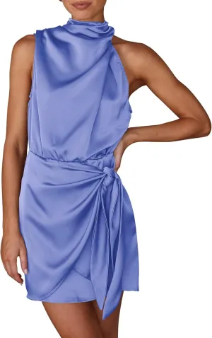 PRETTYGARDEN Women's Short Formal Satin Dress Summer Sleeveless Mock Neck Tie Waist Cocktail Party Dresses
