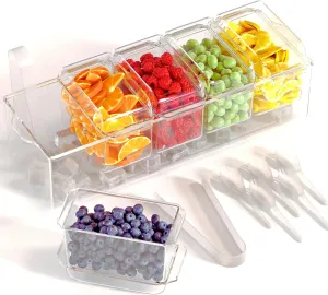 Prime Home Direct Ice Chilled Condiment Caddy | 5 Containers & 5 Lids | BPA Free | Hosting Party Supplies Serving Tray Platter | Buffet, Food Server, Fruit, Garnish, Mimosa, Salad, Taco Bar Organizer
