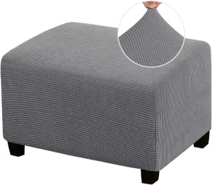 PrinceDeco Stretch Ottoman Cover Ottoman Slipcovers Rectangle for Living Room Foot Stool Stretch Covers to Fit Ottoman Foot Rest, Thick Checked Jacquard Fabric with Elastic Bottom (Large Size, Grey)