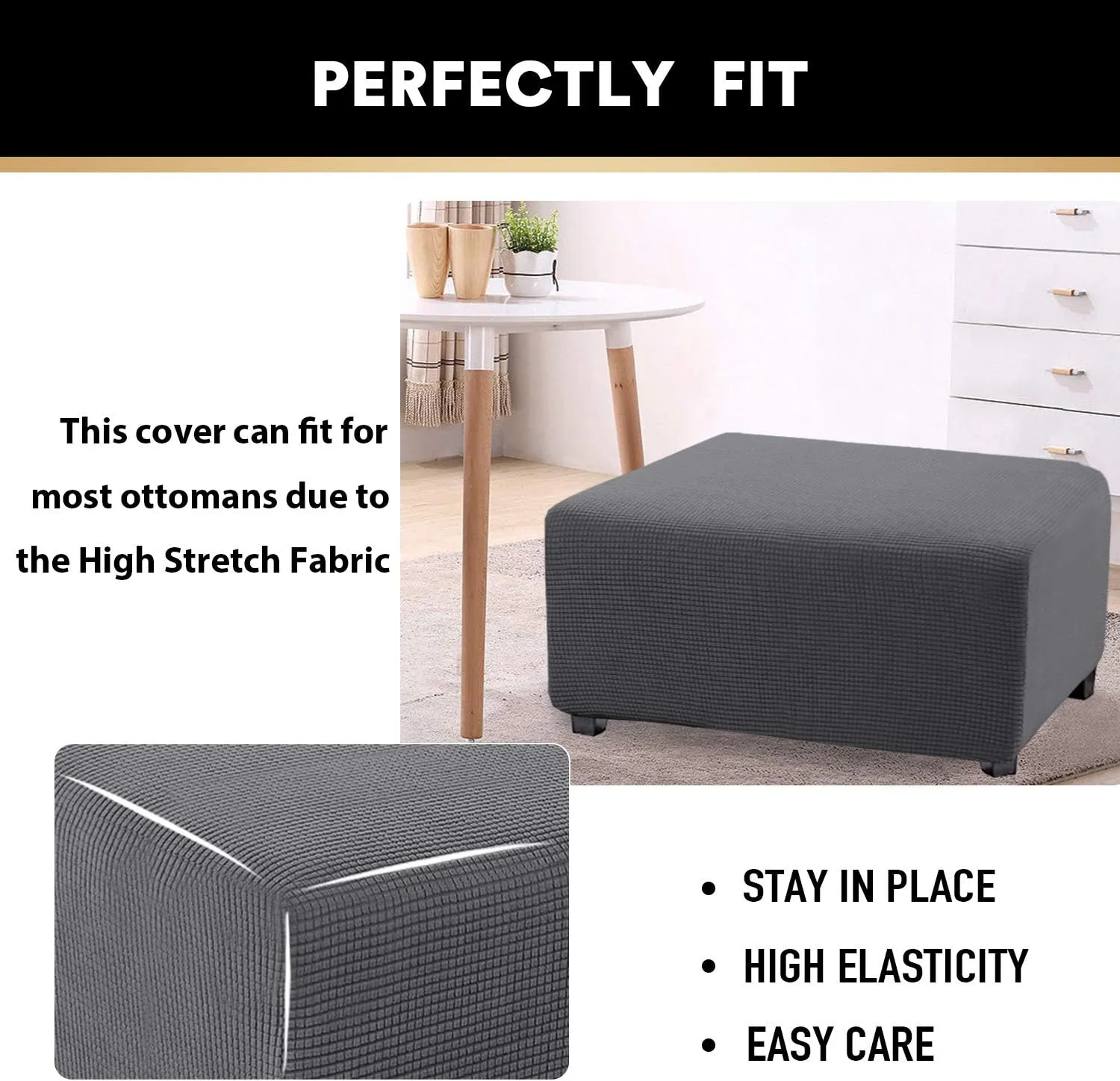 PrinceDeco Stretch Ottoman Cover Ottoman Slipcovers Rectangle for Living Room Foot Stool Stretch Covers to Fit Ottoman Foot Rest, Thick Checked Jacquard Fabric with Elastic Bottom (Large Size, Grey)