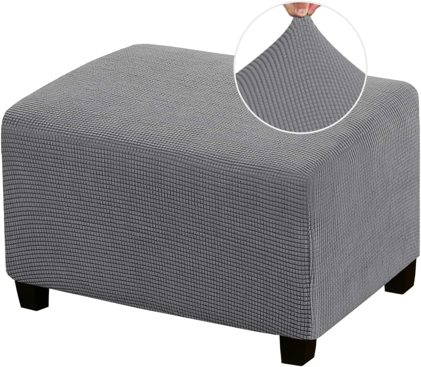 PrinceDeco Stretch Ottoman Cover Ottoman Slipcovers Rectangle for Living Room Foot Stool Stretch Covers to Fit Ottoman Foot Rest, Thick Checked Jacquard Fabric with Elastic Bottom (Large Size, Grey)