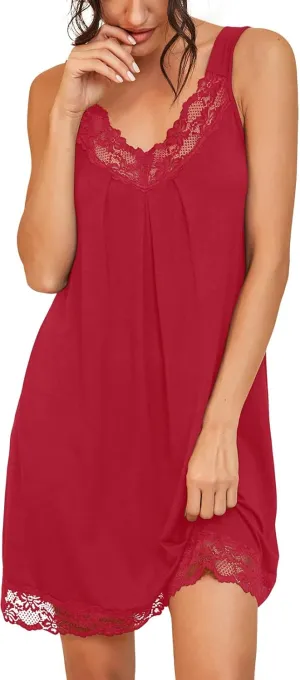 PrinStory Women's Nightgown V-neck Chemise Sleepwear Lace Nightwear Soft Lingerie for Women
