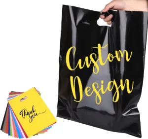 Printed Plastic Shopping Bags, Personalized Plastic Bags with Full Color Logo, Black Merchandise Bag with Handle for Boutique, Business, Clothing, Gift (50)