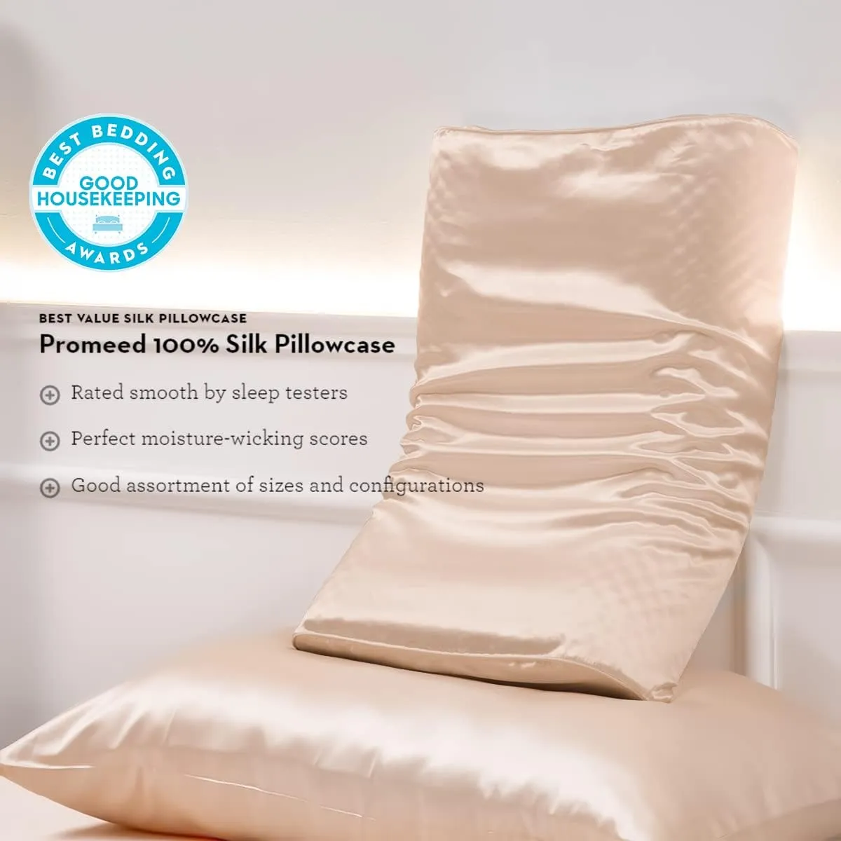 PROMEED Mulberry Silk Pillowcase for Contour Memory Foam Pillow, Natural 23 Momme Silk Pillow Case Cover, Pefect Fit for Royal Therapy Cervical Neck Pillow (Champagne, Queen-24"x14.5"x5"/4.3")