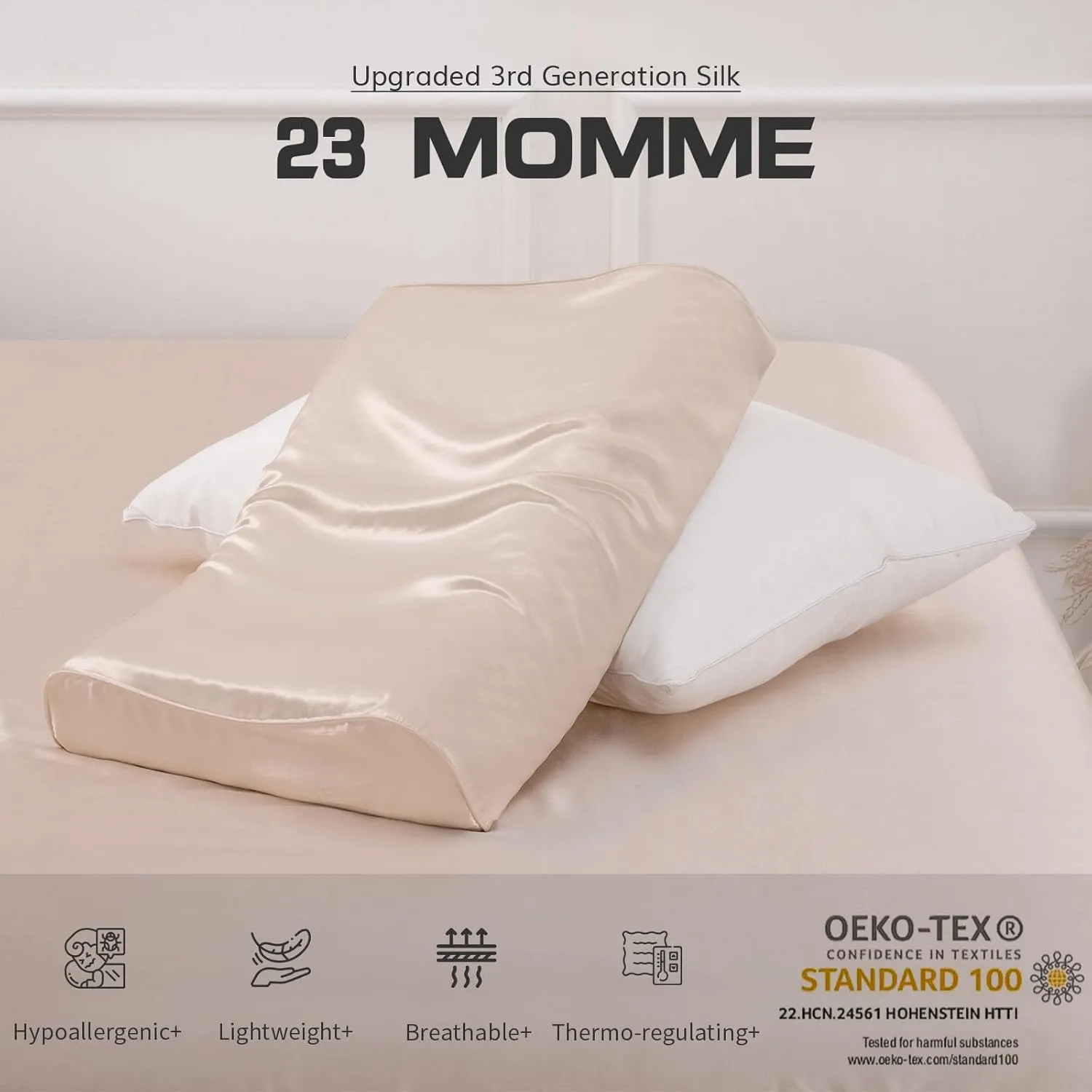 PROMEED Mulberry Silk Pillowcase for Contour Memory Foam Pillow, Natural 23 Momme Silk Pillow Case Cover, Pefect Fit for Royal Therapy Cervical Neck Pillow (Champagne, Queen-24"x14.5"x5"/4.3")