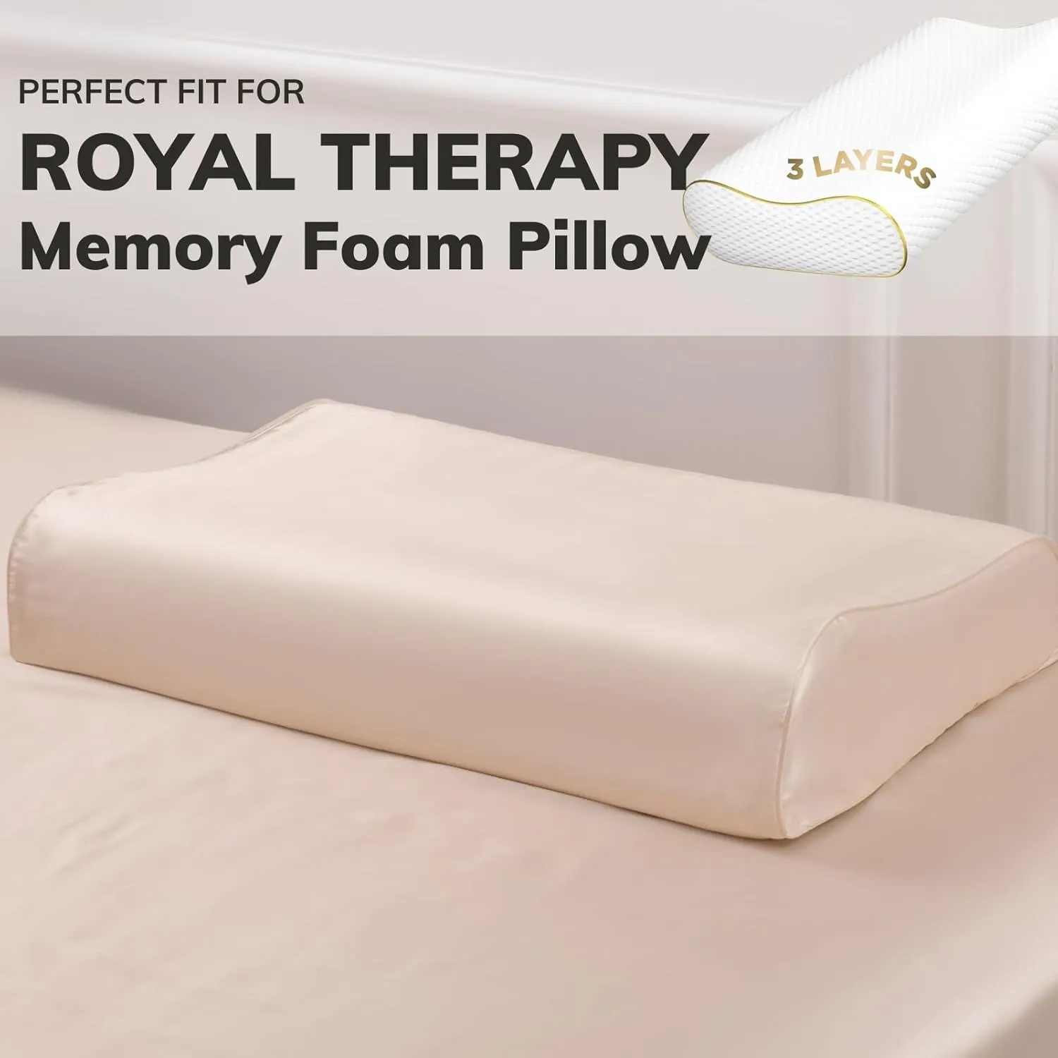 PROMEED Mulberry Silk Pillowcase for Contour Memory Foam Pillow, Natural 23 Momme Silk Pillow Case Cover, Pefect Fit for Royal Therapy Cervical Neck Pillow (Champagne, Queen-24"x14.5"x5"/4.3")