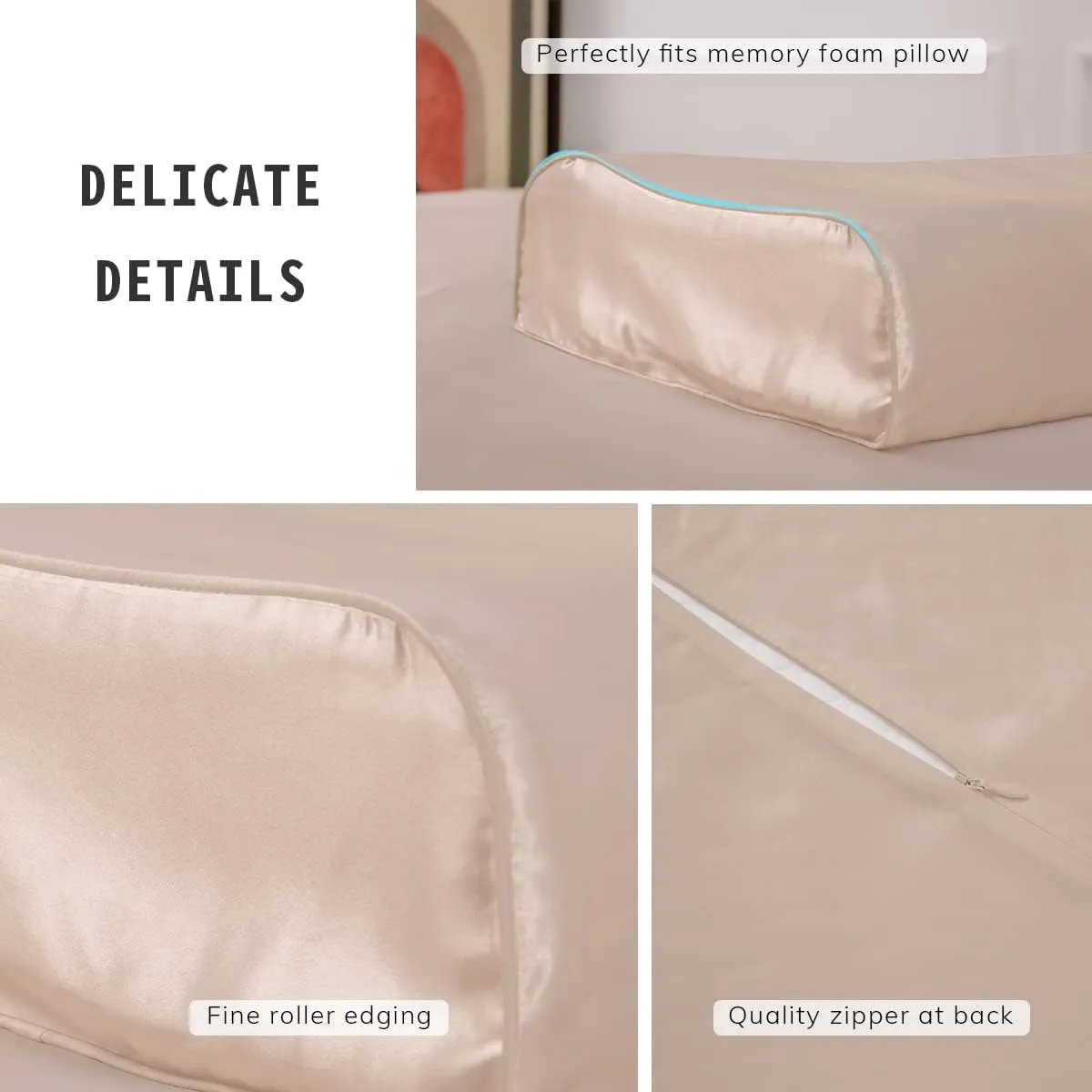 PROMEED Mulberry Silk Pillowcase for Contour Memory Foam Pillow, Natural 23 Momme Silk Pillow Case Cover, Pefect Fit for Royal Therapy Cervical Neck Pillow (Champagne, Queen-24"x14.5"x5"/4.3")