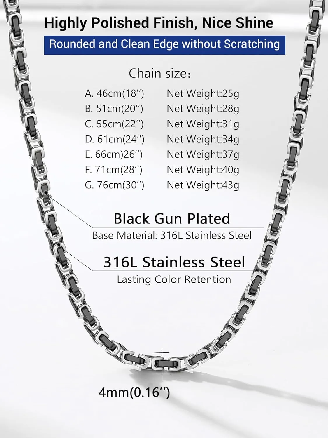 PROSTEEL 4MM/6MM/8MM Stainless Steel Necklace for Men, Stylish and Cool, Byzantine Chain Black Gold Silver Tone, 18-30 Inches, Come with Box