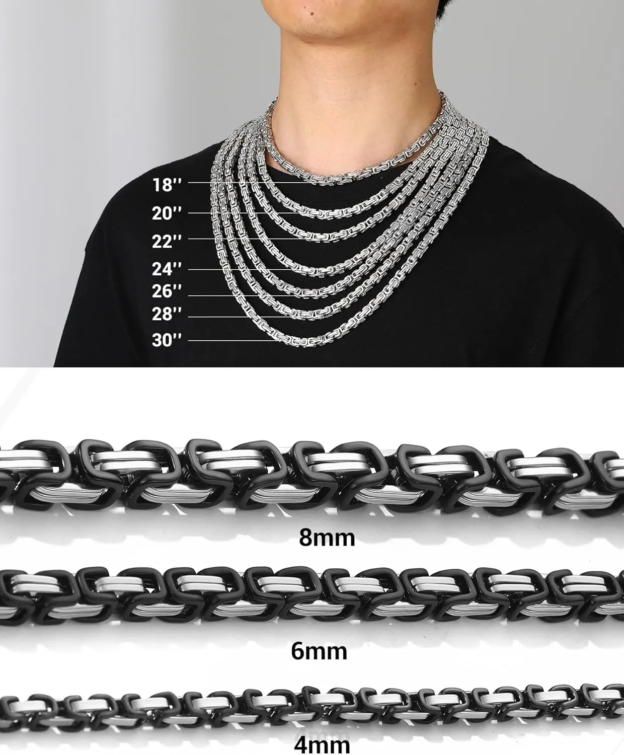 PROSTEEL 4MM/6MM/8MM Stainless Steel Necklace for Men, Stylish and Cool, Byzantine Chain Black Gold Silver Tone, 18-30 Inches, Come with Box