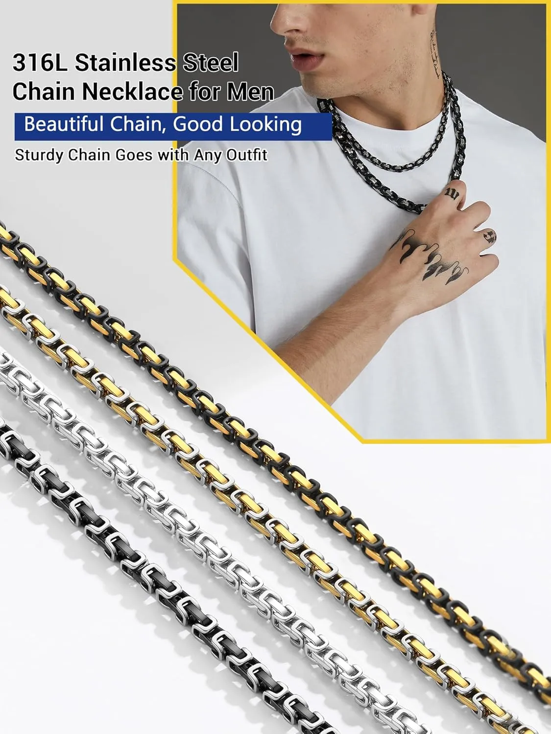 PROSTEEL 4MM/6MM/8MM Stainless Steel Necklace for Men, Stylish and Cool, Byzantine Chain Black Gold Silver Tone, 18-30 Inches, Come with Box