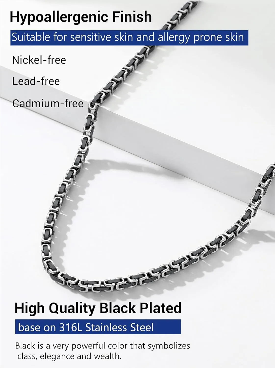 PROSTEEL 4MM/6MM/8MM Stainless Steel Necklace for Men, Stylish and Cool, Byzantine Chain Black Gold Silver Tone, 18-30 Inches, Come with Box