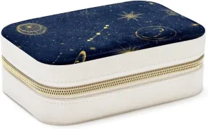 PU Leather Jewelry Box, Portable Organizer for Women Girls, Travel Case Display Storage Holder for Rings Earrings Necklaces - Space with Planets Stars Astrology Pattern