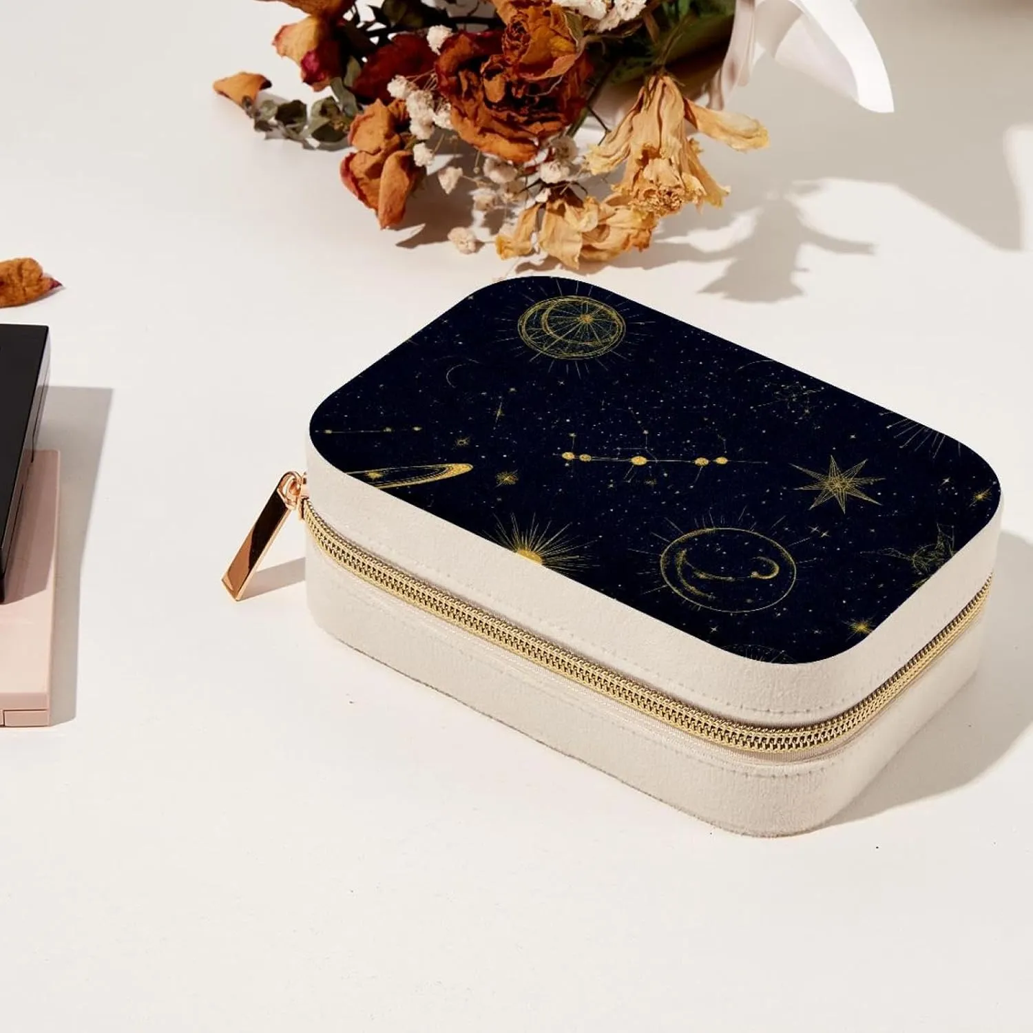 PU Leather Jewelry Box, Portable Organizer for Women Girls, Travel Case Display Storage Holder for Rings Earrings Necklaces - Space with Planets Stars Astrology Pattern