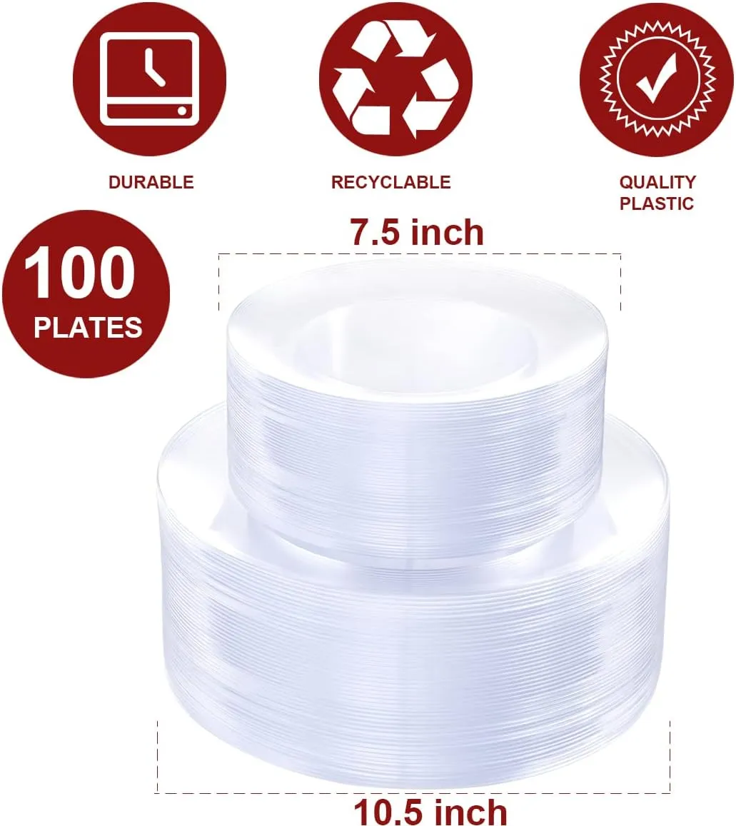 PULOTE 100Pieces Clear Plastic Plates - Premium Heavyweight Plastic Clear Plates Disposable for Wedding&Party Include 50 Clear Dinner Plates, 50 Clear Dessert/Salad Plates
