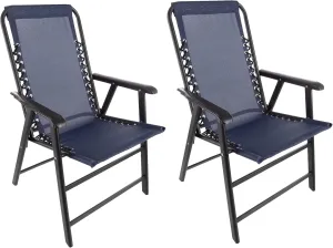 Pure Garden Folding Camping Chairs – Set of 2 Lawn Chairs with Textilene Fabric and Bungee Suspension – Portable Lounge Seats for Adults (Navy)