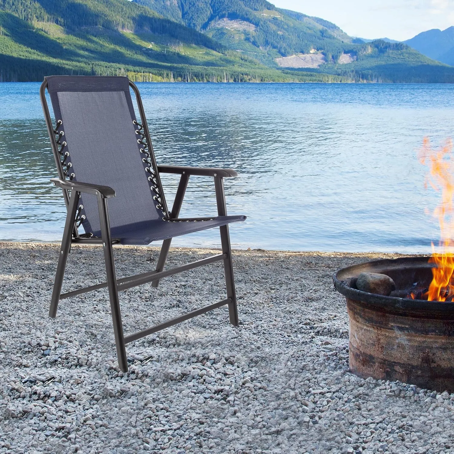 Pure Garden Folding Camping Chairs – Set of 2 Lawn Chairs with Textilene Fabric and Bungee Suspension – Portable Lounge Seats for Adults (Navy)