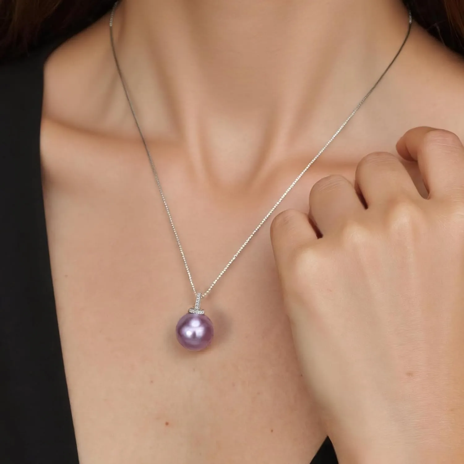 Purple Edison Pearl Necklace | 12-13mm Freshwater Cultured Round Pearl | 925 Sterling Silver Pendant with CZ Stones | Unique Birthday, Christmas Jewelry Gift for Her | Handmade Women’s Jewelry