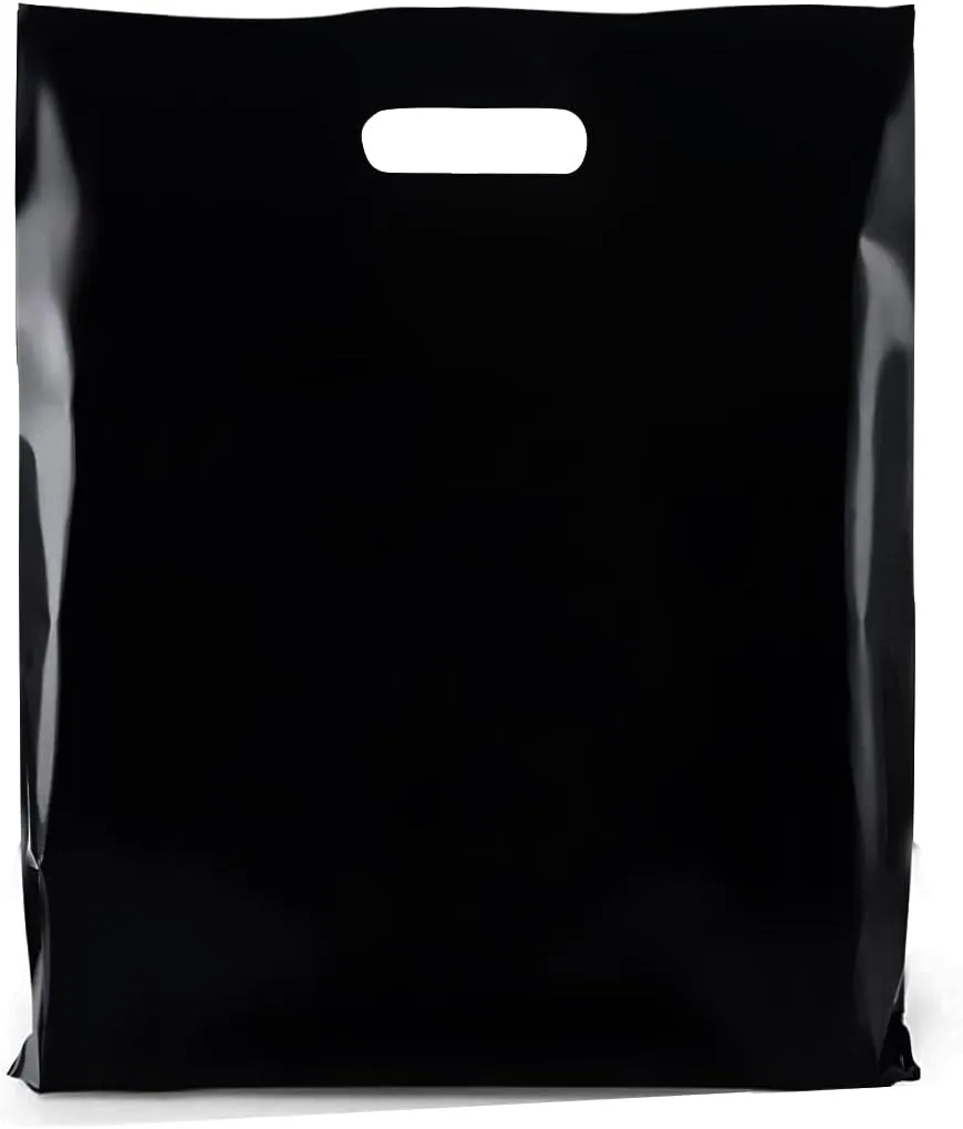 Purple Q Crafts Plastic Bag with Die Cut Handle Bag 15"x18" Black Plastic Merchandise Bags 100 Pack for Retail, Gifts, Trade Show and More